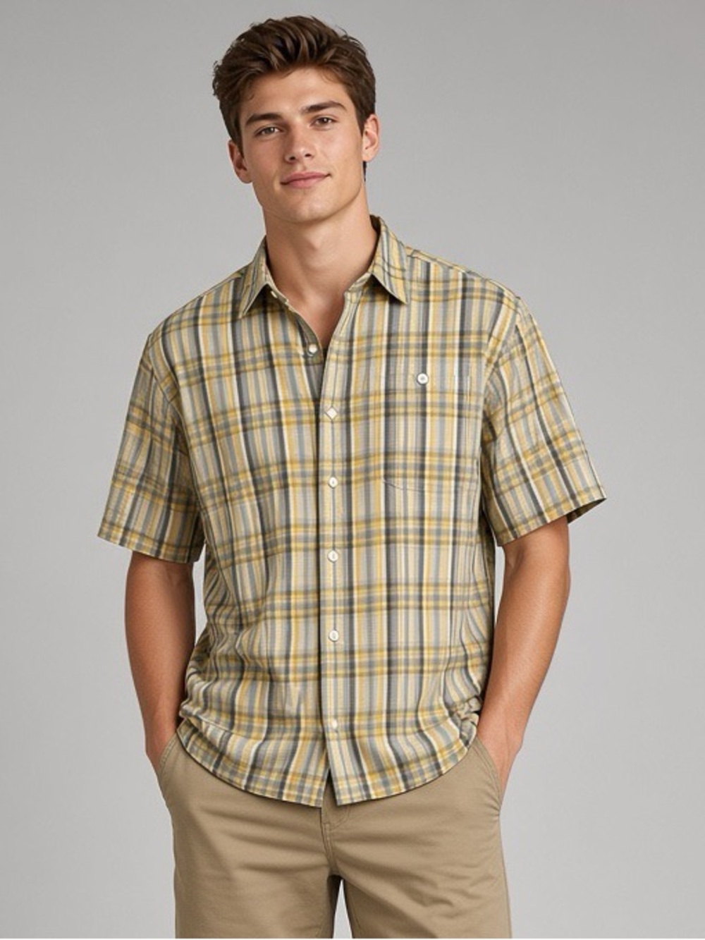 Patagonia Puckerwear Men’s Yellow and Gray Plaid Short-Sleeve Button-Down Shirt